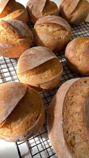 Fresh gluten-free sourdough boules cooling on a wire rack